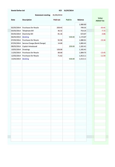 Accountant Stanwix bank page on spreadsheet